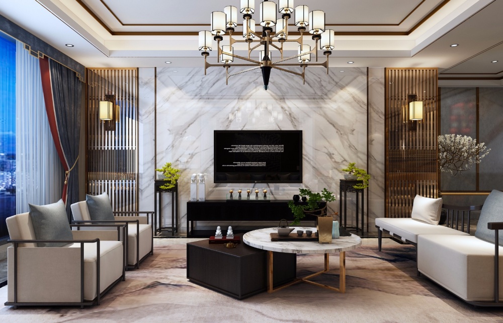 客廳窗簾裝修效果圖藍(lán)毓、新中式別墅中式現(xiàn)代客廳設(shè)計(jì)圖片賞析