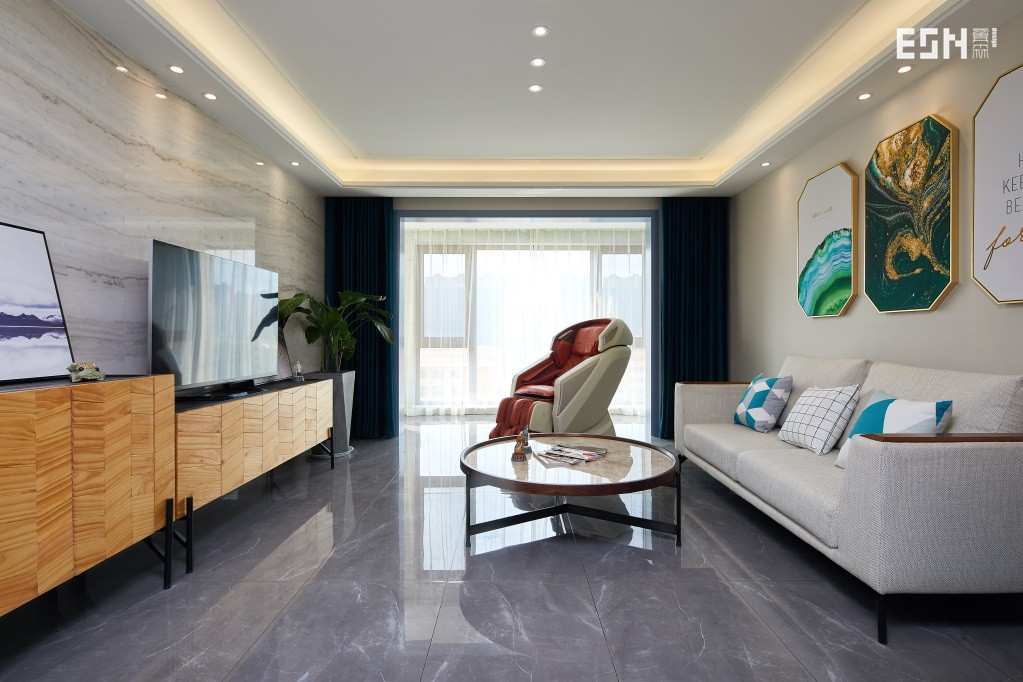 客廳窗簾裝修效果圖【翼森作品實景】龍湖源筑一家子現(xiàn)代簡約客廳設計圖片賞析