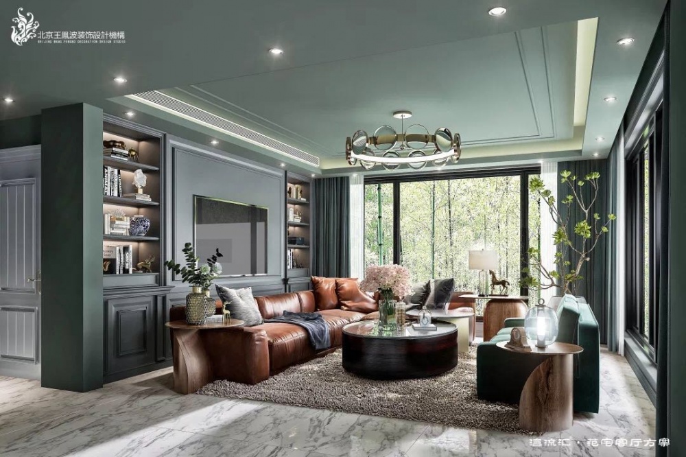 客廳窗簾裝修效果圖簡約美式別墅設(shè)計，復(fù)地·灣流匯美式經(jīng)典客廳設(shè)計圖片賞析