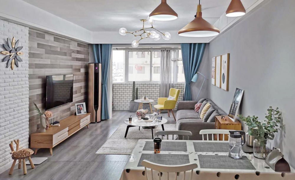 客廳窗簾裝修效果圖83㎡北歐風(fēng)，新婚小兩口的浪漫北歐極簡客廳設(shè)計圖片賞析