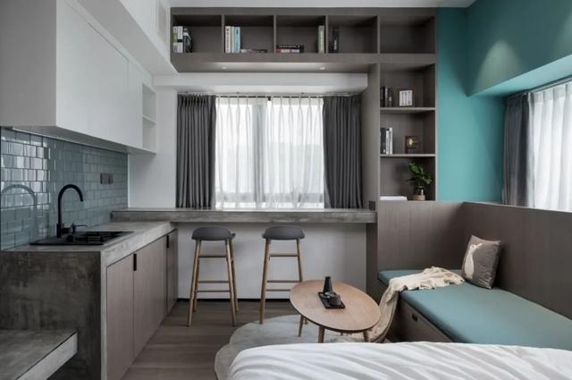 酒店公寓裝修效果圖(35㎡酒店式開間單身公寓，半平米都沒浪費，還裝得很有檔次)(圖8)
